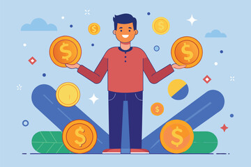 Poster - A man holding stacks of coins with a dollar sign, symbolizing wealth and financial success, A man with various currency coins, Simple and minimalist flat Vector Illustration