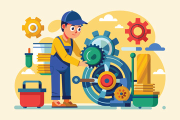 Poster - A man is focused on repairing a damaged engine in a workshop, A mechanic analyzes engine damage, Simple and minimalist flat Vector Illustration