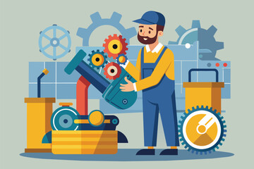 Poster - Mechanic fixing engine using wrench in workshop, A mechanic analyzes engine damage, Simple and minimalist flat Vector Illustration