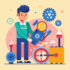 Aufkleber - A man stands next to a machine, wearing a face mask, analyzing engine damage, A mechanic analyzes engine damage, Simple and minimalist flat Vector Illustration