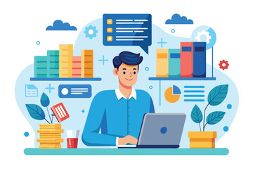 Poster - A man sitting in front of a laptop computer, focusing on managing data, a men manages data, Simple and minimalist flat Vector Illustration