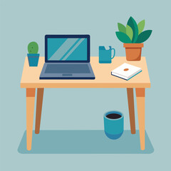Poster - a laptop computer is placed on top of a wooden desk, alongside a notebook, a minimalist desk with a 