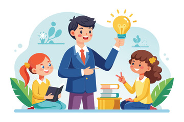 Poster - A man stands holding a light bulb above a group of people as he shares ideas with them, A teacher gives ideas to his students, Simple and minimalist flat Vector Illustration
