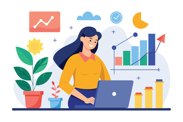 Poster - A woman analyzing growth data on a laptop while seated in front of a vibrant plant, a woman analyses growth data, Simple and minimalist flat Vector Illustration
