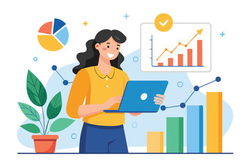 Poster - A woman stands holding a laptop, analyzing data on a chart displayed in front of her, A woman analyzes an improvement graph, Simple and minimalist flat Vector Illustration