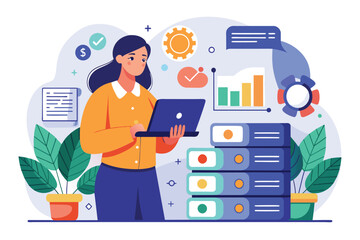 Poster - a woman standing in front of a stack of data, analyzing information, a woman analyzes data storage, 