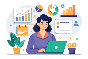 Poster - A woman analyzing business data on a laptop computer, A woman analyzing business data, Simple and minimalist flat Vector Illustration