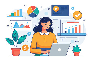 Poster - A woman focused on analyzing business data on her laptop, surrounded by various icons, A woman analyzing business data, Simple and minimalist flat Vector Illustration