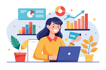 Poster - A woman sitting at a desk with a laptop, working on financial data analysis, A woman doing financial data collection trending, Simple and minimalist flat Vector Illustration