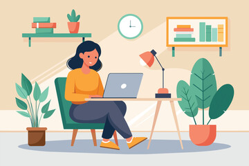 Poster - A woman sitting at a desk, focusing on her laptop screen while freelancing from home, a woman freelancing in the home, Simple and minimalist flat Vector Illustration