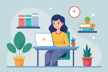 Poster - a woman is sitting at a desk, working on a laptop computer, a woman in a workspace sitting in a chai