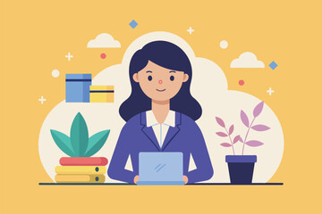 Poster - a businesswoman sitting at a desk, focused on her laptop, a woman in the process of doing business, 