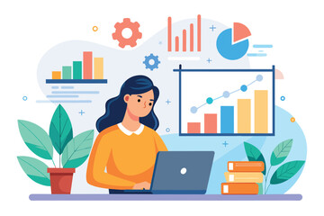 Sticker - A woman sits in front of a laptop computer, analyzing business financial growth data, A woman is analyzing business financial growth data, Simple and minimalist flat Vector Illustration