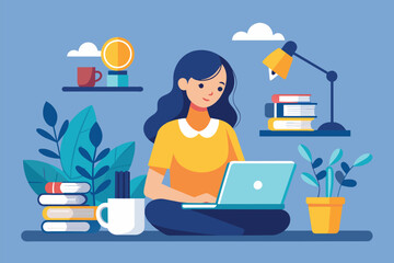 Poster - A woman is sitting on the floor, focused on using a laptop, A woman is studying reading a book with a laptop and coffee, Simple and minimalist flat Vector Illustration