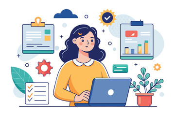 Poster - A woman sits in front of a laptop computer, focusing on her work, a woman manages data, Simple and minimalist flat Vector Illustration