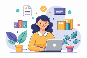 Poster - A woman seated at a desk, using a laptop for work or study, a woman manages data, Simple and minimalist flat Vector Illustration