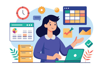 Poster - A woman focused on her work, sitting at a desk with a laptop in front of her, A woman performs scheduled data control, Simple and minimalist flat Vector Illustration