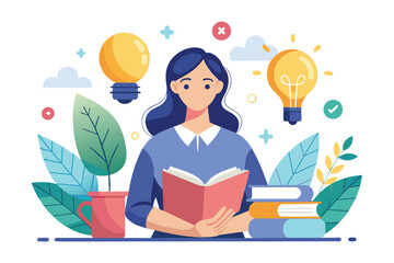 Poster - Woman Reading Book Surrounded by Light Bulbs, A woman reads books to find innovations and ideas, Simple and minimalist flat Vector Illustration