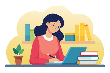 Sticker - A woman focused on her laptop screen while sitting at a desk in a simple and minimalist environment, A woman's study time, Simple and minimalist flat Vector Illustration