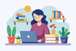 A woman sitting at a desk, studying with books and a laptop open in front of her, A woman studies using books and a laptop, Simple and minimalist flat Vector Illustration