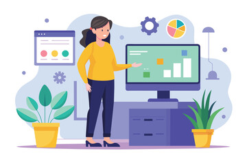 Poster - A woman stands in front of a flat screen TV, looking at the screen intently, A woman standing in front of a graphics computer, Simple and minimalist flat Vector Illustration