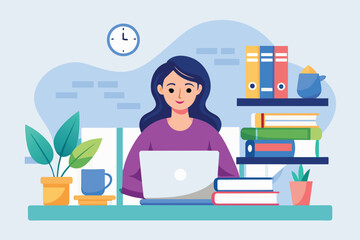 Poster - Woman sitting at desk, surrounded by a stack of books, using a laptop for studying, A woman studies using books and a laptop, Simple and minimalist flat Vector Illustration