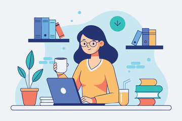 Sticker - A woman seated at a desk, focused on her laptop screen, with a cup of coffee beside her, a woman studying and carrying a glass, Simple and minimalist flat Vector Illustration