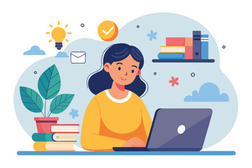 Poster - Woman Working at Desk With Laptop, A woman studying on internet, taking online course, Simple and minimalist flat Vector Illustration