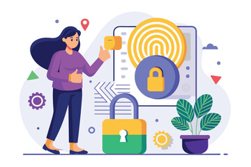 Poster - woman standing next to padlock with fingerprint scanner, unlocking secure data, a woman unlocks lock