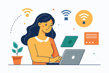 Poster - A woman sitting at a table with a laptop open in front of her, engaging in work or study, A woman syncing data information, wireless syncing device, Simple and minimalist flat Vector Illustration