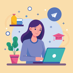Poster - a woman working on a laptop at a desk, a woman using a laptop for distance learning, adding innovati