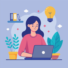 Poster - a woman sitting at a desk, using a laptop for distance learning, a woman using a laptop for distance