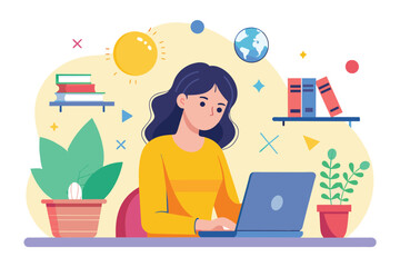 Poster - a woman is seated at a desk, using a laptop for distance learning, a woman using a laptop for distan