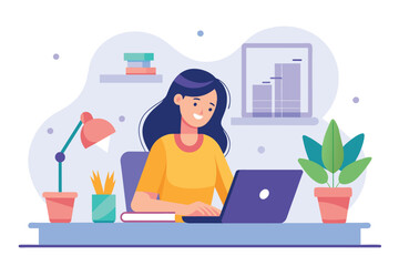 Wall Mural - A woman sits at a desk, typing on a laptop while working on an assignment, a woman working on an assignment in front of a laptop, Simple and minimalist flat Vector Illustration