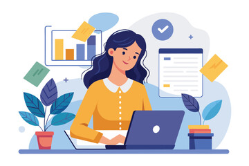 Poster - A woman seated at a desk, focused on a laptop screen while working on company documents, a woman working on company documents, Simple and minimalist flat Vector Illustration