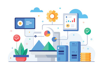 Poster - Flat design of a computer and a plant in a simple and minimalist style, Activity install data, Simple and minimalist flat Vector Illustration