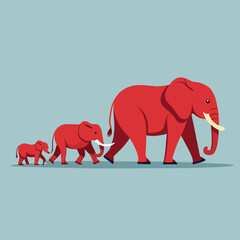 Wall Mural - Family of Elephants Walking Across Blue Background, An elephant family walking in a row with the smallest one trailing behind, Simple and minimalist flat Vector Illustration