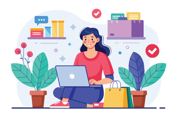 Sticker - A woman using a laptop while sitting on the floor, an online shopping woman, Simple and minimalist flat Vector Illustration