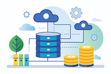 Poster - A stack of stacks of coins placed next to a cloud in a simple and straightforward arrangement, analysis of database storage in the cloud, Simple and minimalist flat Vector Illustration