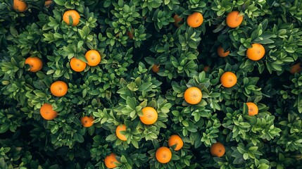 Wall Mural - Aerial top view of orange fruit trees in forest. Drone view of dense orange tree captures CO2. Orange tree nature background for carbon neutrality and net zero emissions concept. 