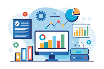 Poster - a computer screen displaying a graph with business data analysis in a simple and minimalist flat des