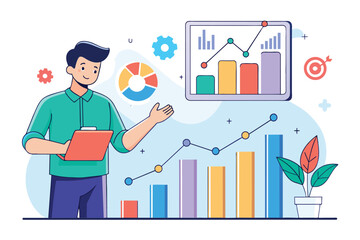 Sticker - A man stands in front of a screen displaying graphs, analyzing business profits, Analyze business profits trending, Simple and minimalist flat Vector Illustration