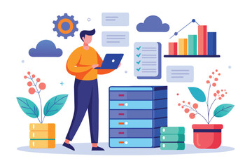 Poster - a man stands in front of a tall stack of files, organizing and reviewing documents in an office sett