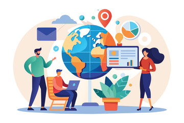Poster - Diverse group of individuals standing around a laptop, analyzing data displayed on the screen, Analyzing data with people, globe and computer trending, Simple and minimalist flat Vector Illustration