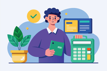 Poster - Bank worker holding clipboard stands next to calculator, analyzing financial data, Bank worker with calculator and credit card trending, Simple and minimalist flat Vector Illustration