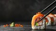 Sushi set with fresh ingredients - A delicious sushi setup with salmon, avocado, and fish roe on a dark, moody background, ideal for food themes