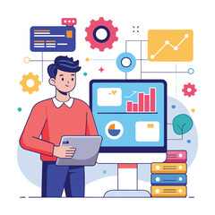 Poster - A man stands in front of a computer screen, analyzing big project data as a data analyst, Big project data analyst trending, Simple and minimalist flat Vector Illustration