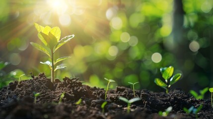 Poster - Seedling are growing in the soil with sunlight.The world wide platform to plant trees.Planting trees to reduce global warming.