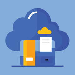 Poster - A blue cloud serves as a platform for a yellow book placed on top of it, Blue color vector with cloud storage concept, Simple and minimalist flat Vector Illustration