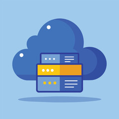 Poster - a blue cloud with a yellow box on top, depicting a cloud storage concept, blue color vector with clo